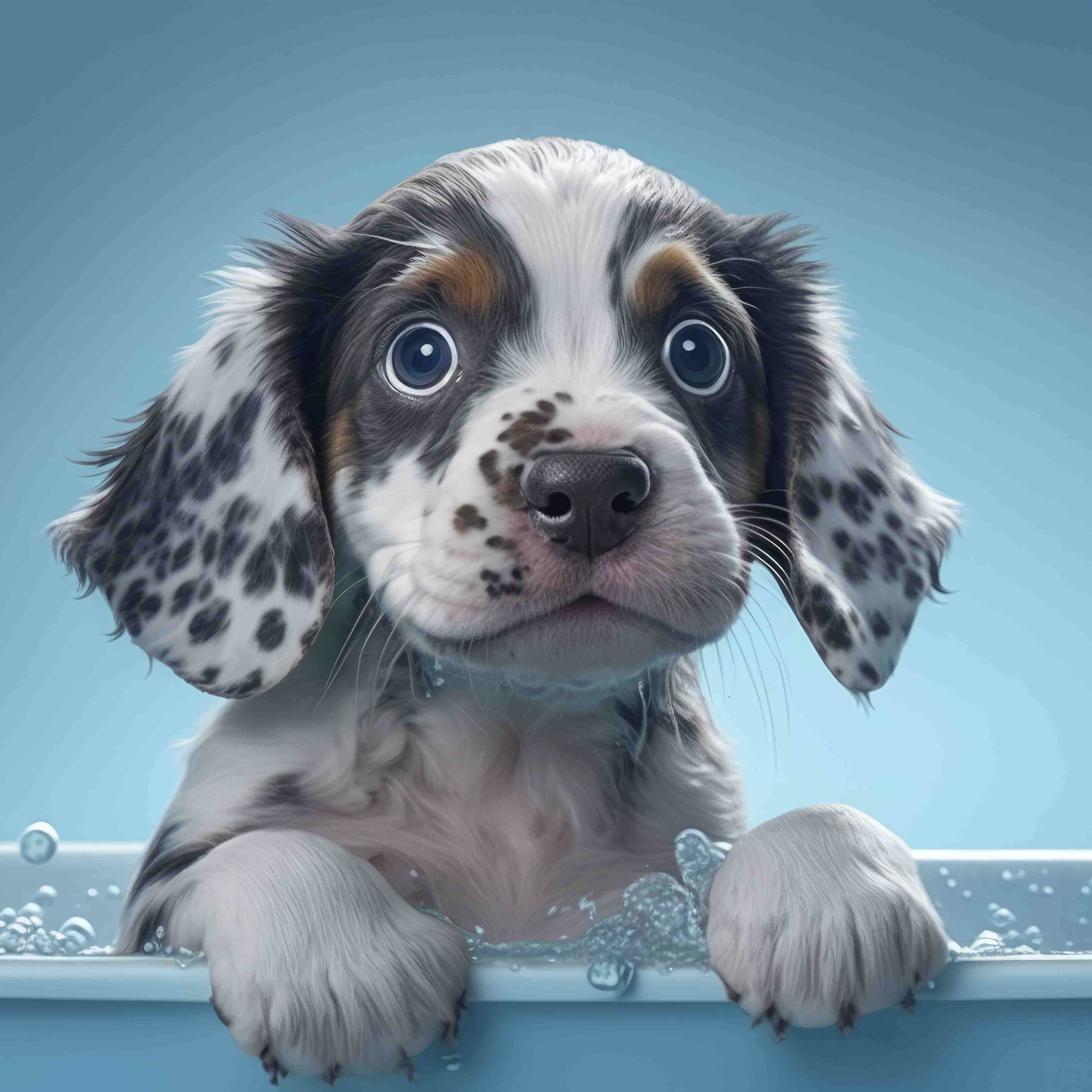 scared puppy with big eyes blue background