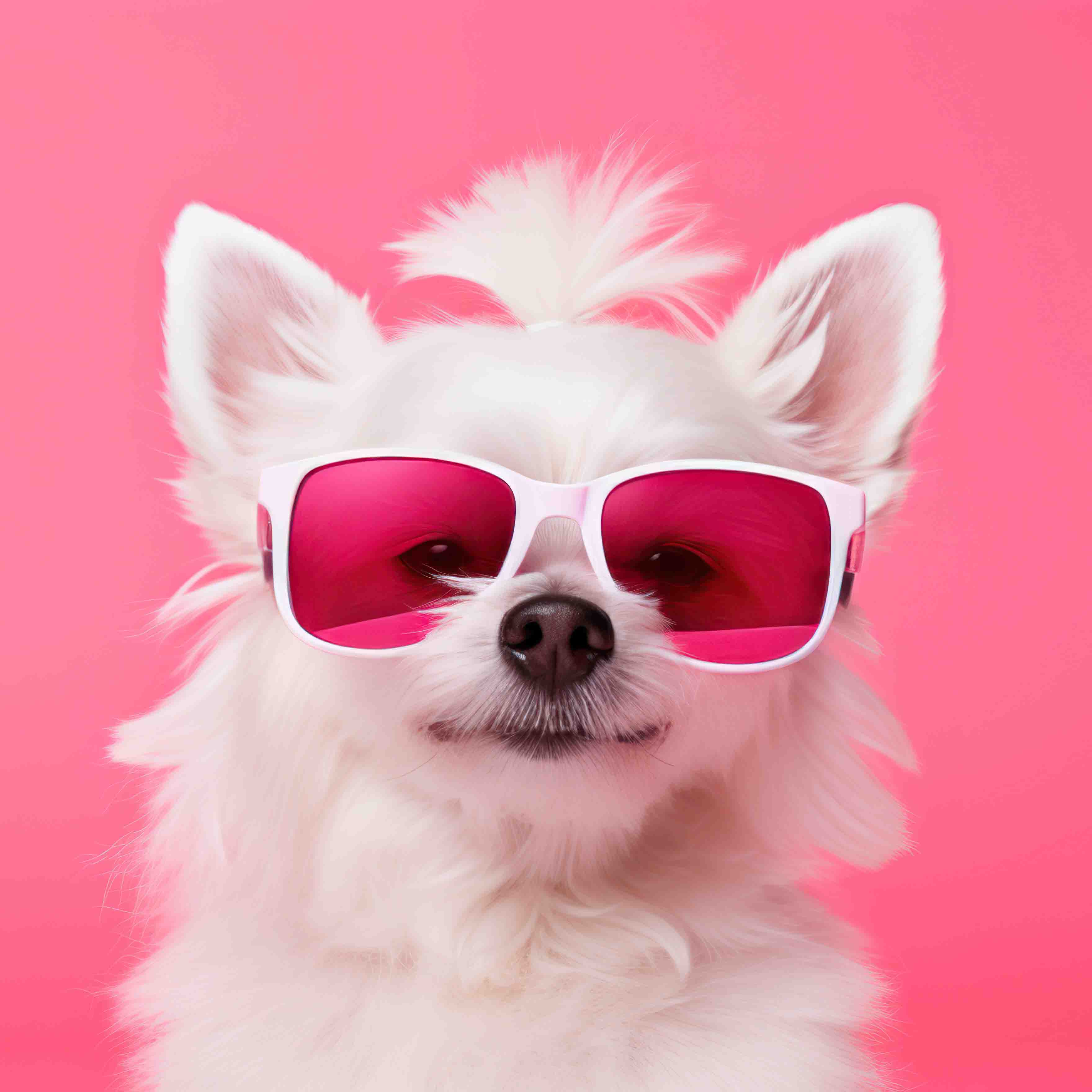 white dog wearing white sunglasses with pink lenses