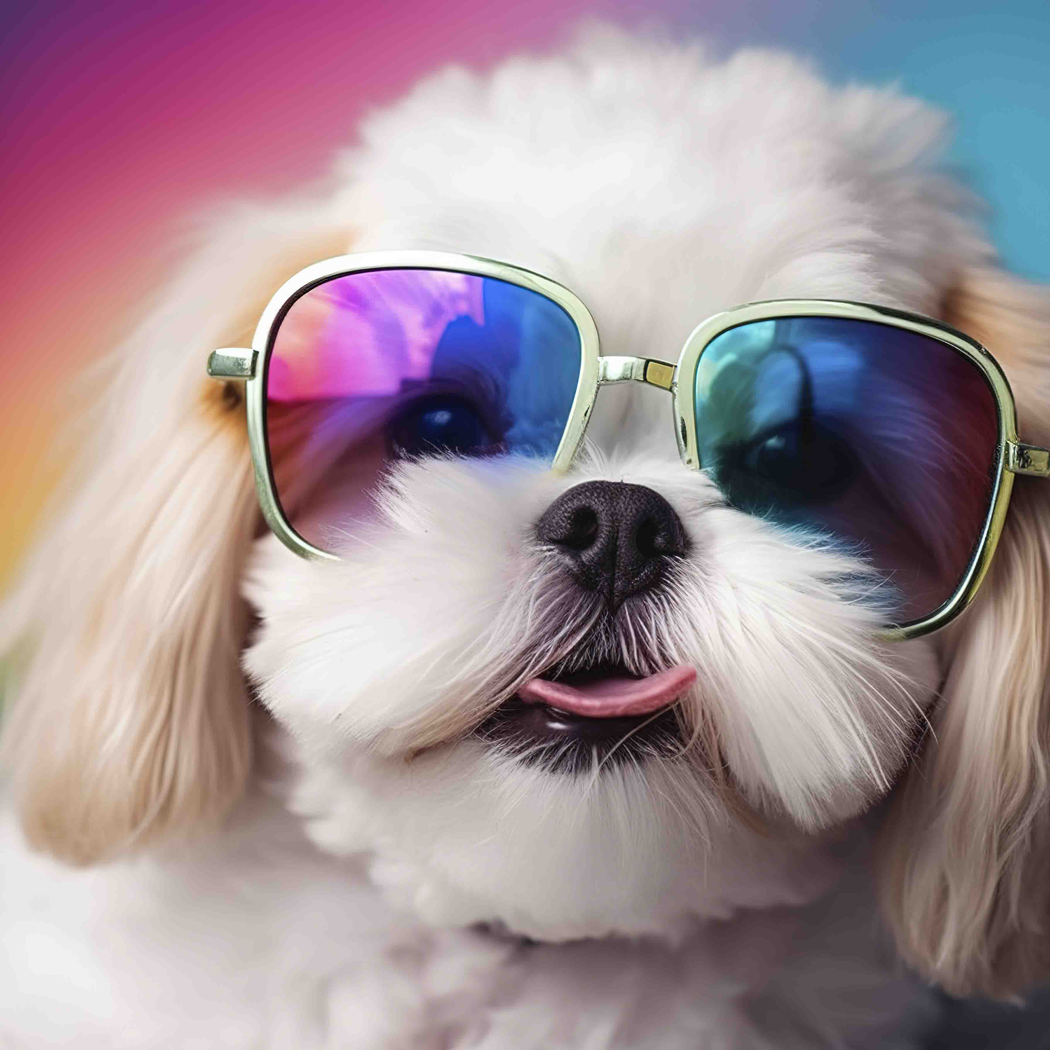 white dog wearing sunglasses with rainbow lenses