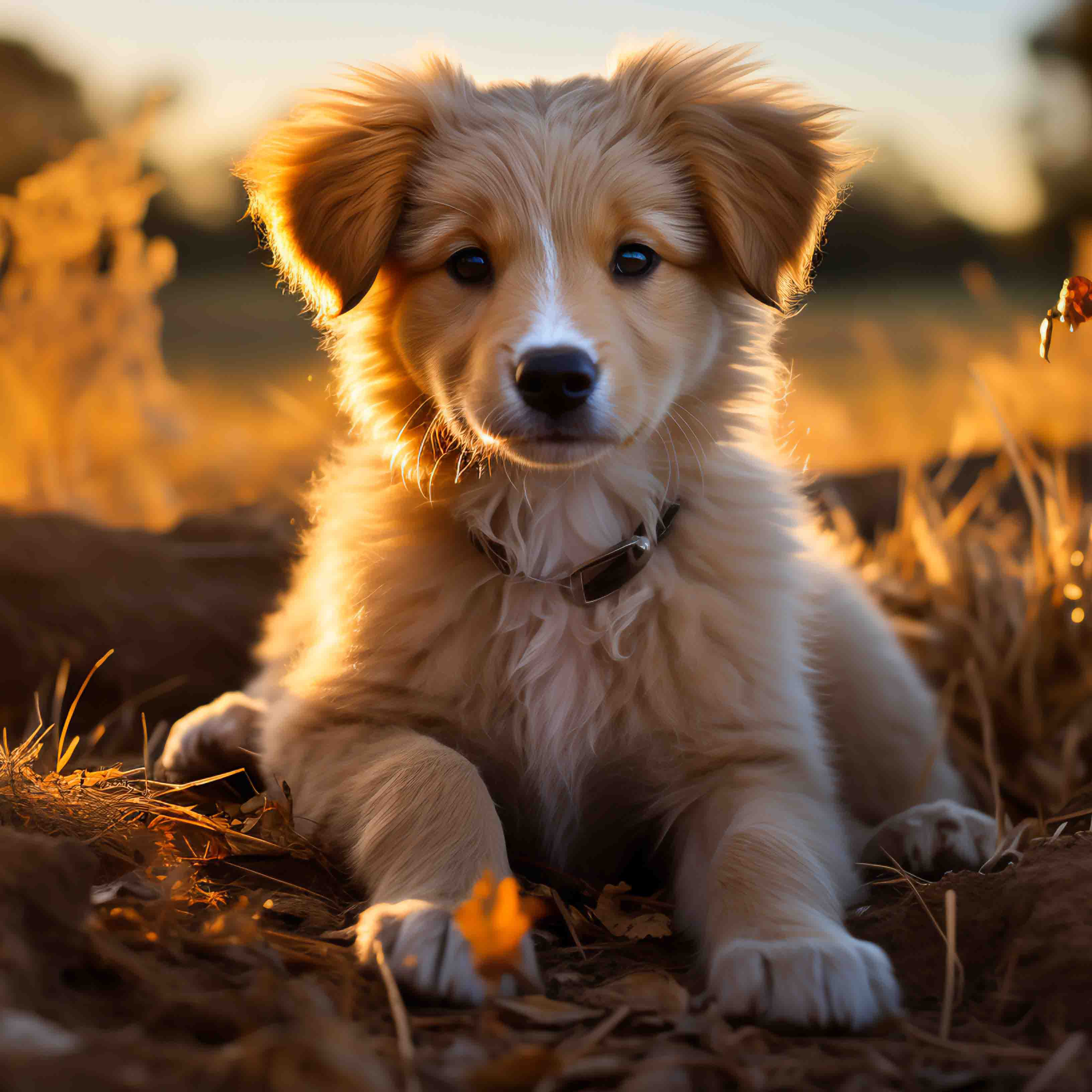 young retriever mix with field background