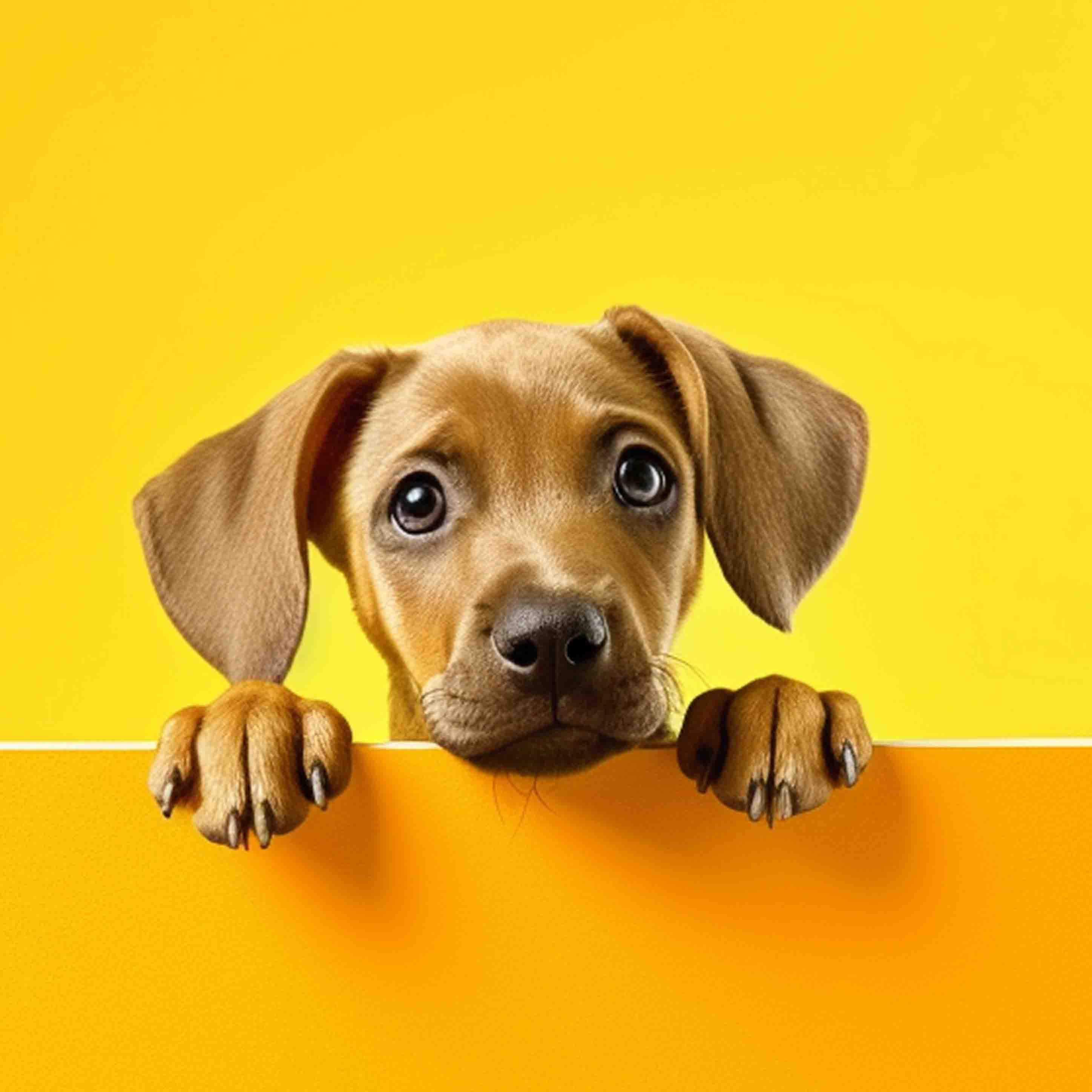 brown puppy with bright yellow background