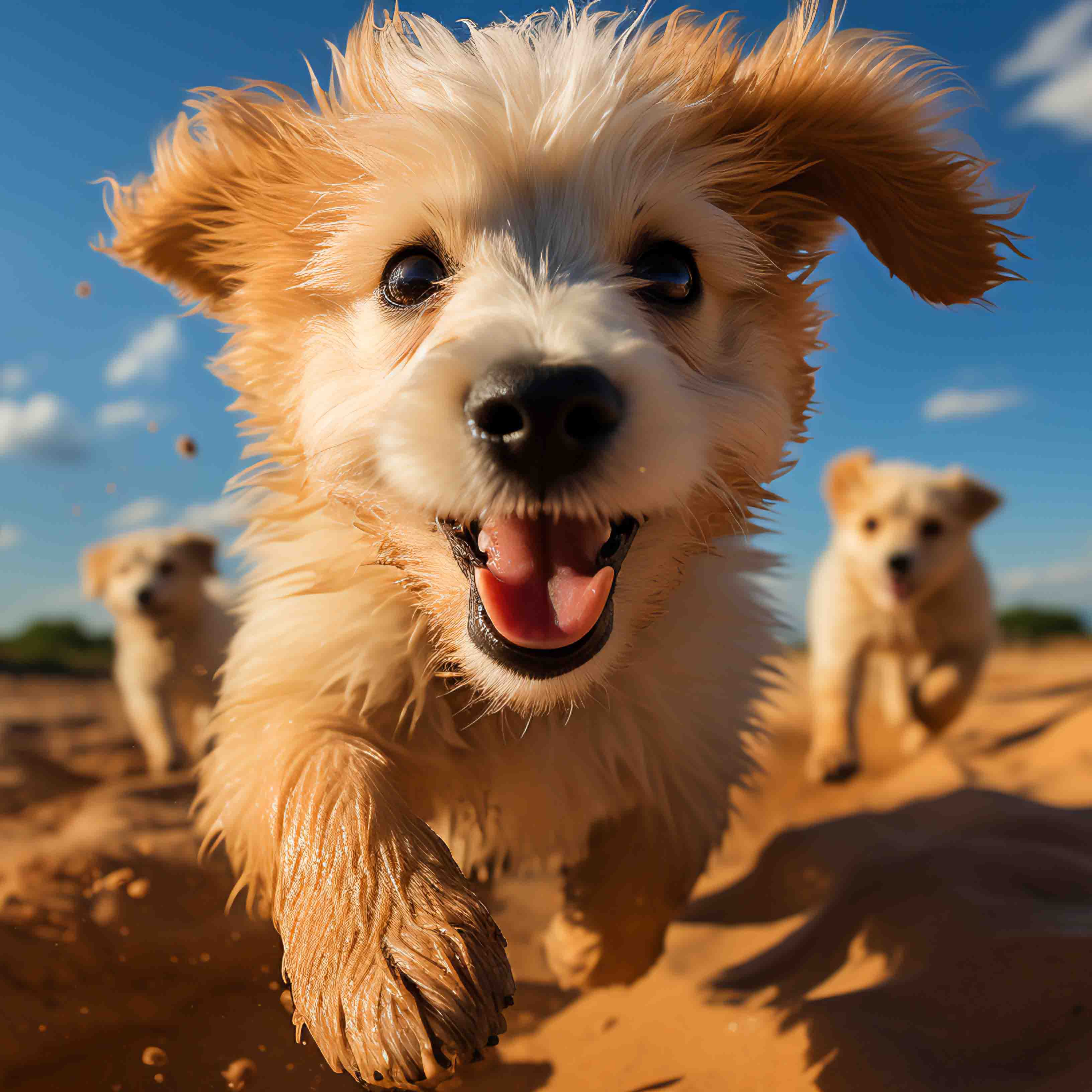 dirty happy puppy running on the beach